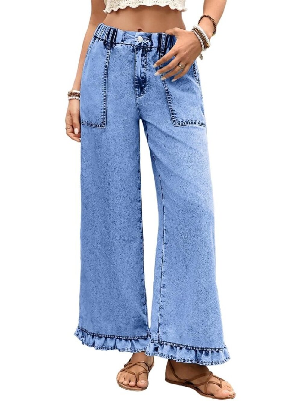 Women's Mist Blue Ruffle Hem Pants High Waisted Baggy Elastic Wide Leg Jean